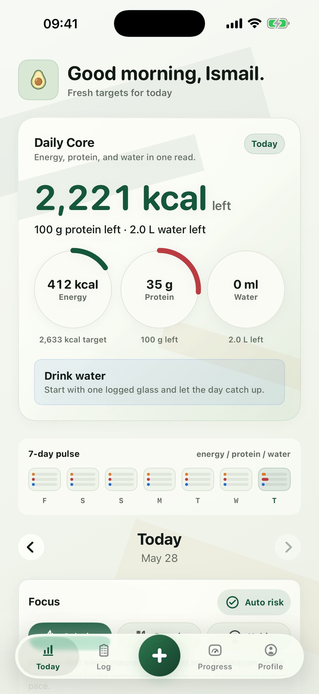 SimplyCado Today screen showing daily calorie, protein, and water targets.